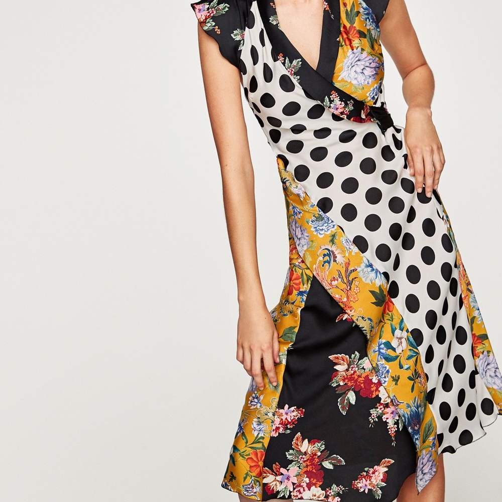 Zara Woman Floral and Polka Dot Patchwork Wrap Dress EUC